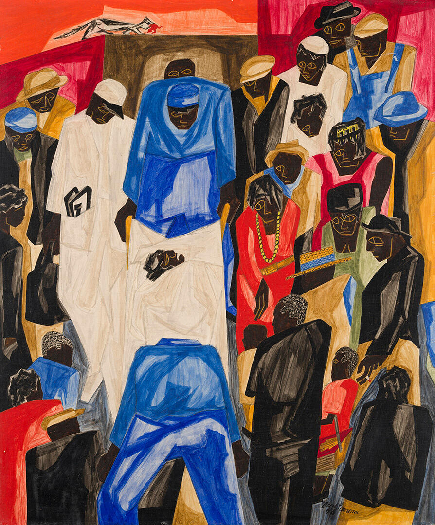 Ambulance Call by Jacob Lawrence, a crowd in bold blue, red, white and black gathered around a person carried on a stretcher
