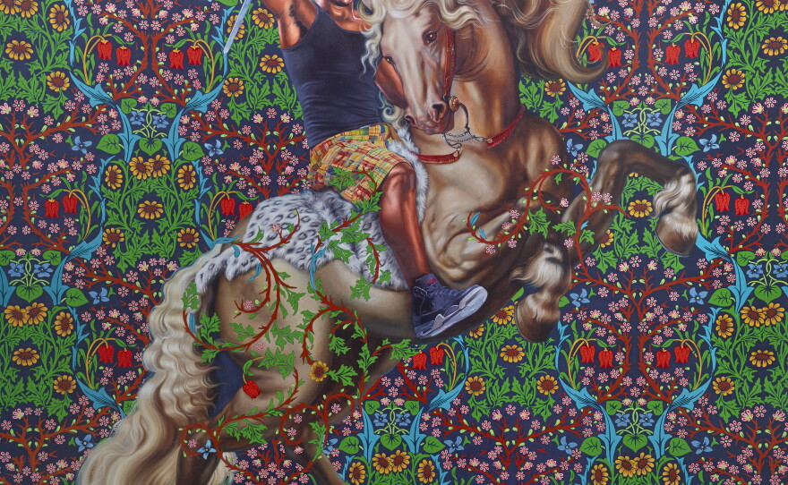 Detail of a Kehinde Wiley portrait of a rider on a rearing horse against a bright floral pattern